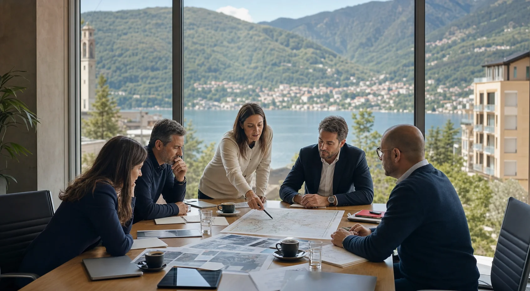 Gruppo di professionisti al lavoro su mappe e documenti